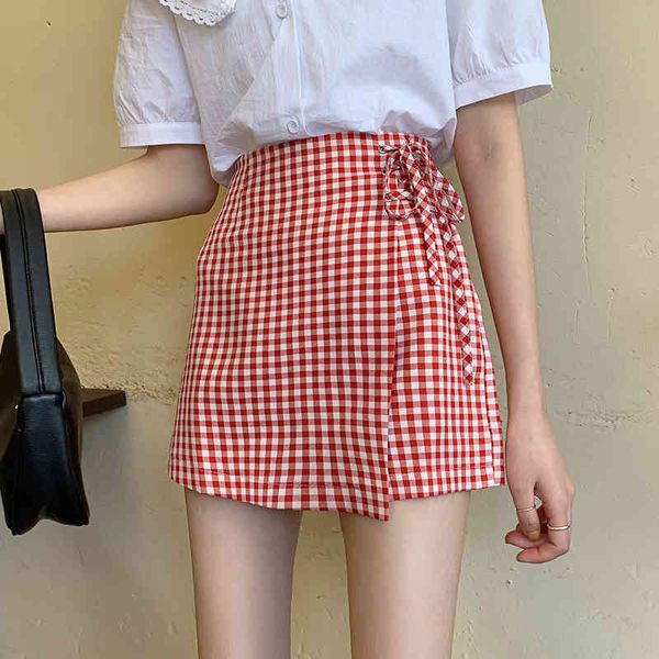 Cintura alta Lace Up Red irregular xadrez saia mulheres moda japão estilo chique verão estudante selvagem casual shorts faldas mujer 210429