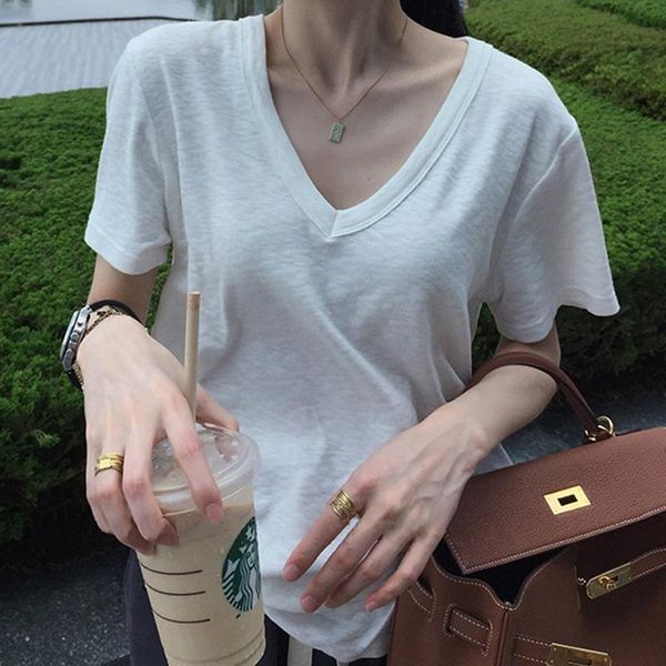 

women's t-shirt v-neck solid loose short sleeve woman korea fashion white t-shirts simplicity office basic tees female summer 2021