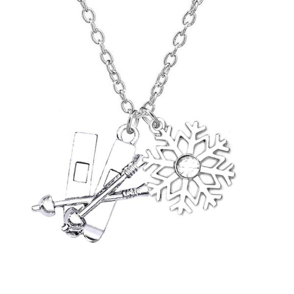 

abadon zinc alloy skis & snowboard sled snowflake necklace sport ski jewelry for skier christmas gift pendant necklaces, Silver
