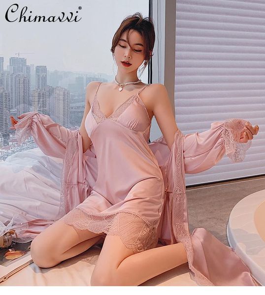 

silk pajamas for women spring/summer satin sling with chest pad nightgown thin solid robe sleepwear 2-piece set 4 colors women's, Black;red