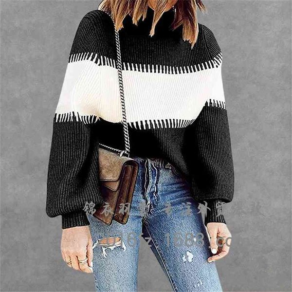 

women's autumn winter sweaters european style stitching lantern sleeve sweater loose casual bottoming knitted gx491 210507, White;black