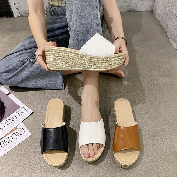 

summer women sandals and slippers 2021 fashion anti-collision flip-flops breathable wear-resistant high wedges beach shoes, Black