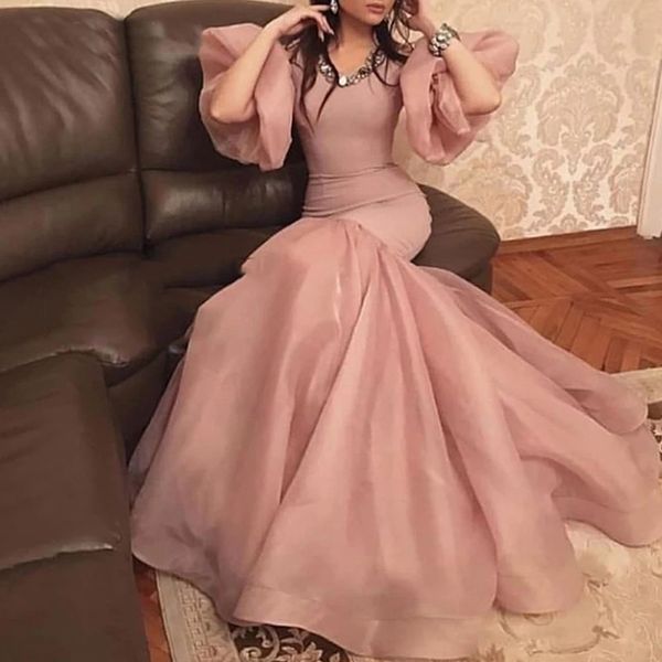 

v neck half sleeve mermaid evening dresses sweep train lantern organza long skin color prom gowns, Black;red