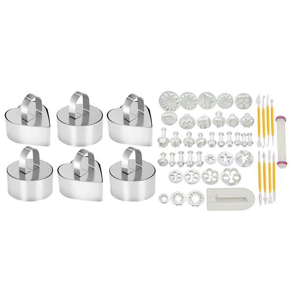 

other bakeware 6 pcs round heart mousse rings cake circle mold & 1 set flower fondant candy craft decoration kit