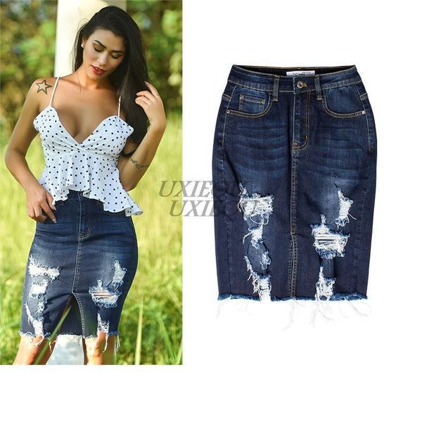 

women's jeans washed frayed fringed denim skirt hip five-point pants, Blue