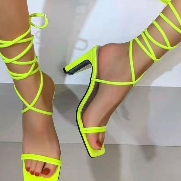 

sandals 2021 summer women's modern party lace up cross tied pumps solid fluorescent green orande vacation shoes, Black