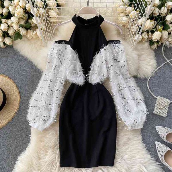

women's korean dresses halter off-shoulder bling sequins tassels long sleeve patchwork slim dress female vestidos gk496 210507, Black;gray