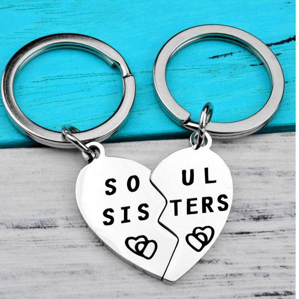 

keychains letter keychain man friend key chain women soul sisters holder couples hearts keyring fashion porte clef, Silver