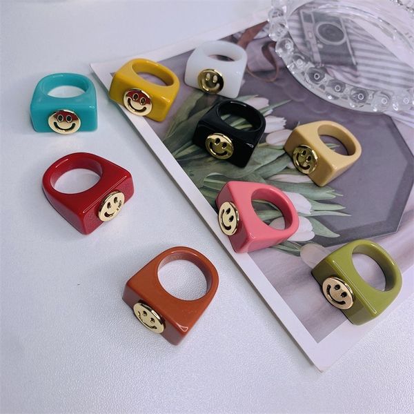 

10pcs, 2021 korean trendy colorful smiley face resin rings for women party jewelry gifts, Slivery;golden