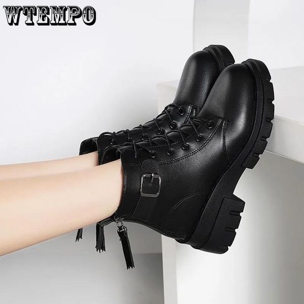 

boots wtempo platform women winter warm leather fleece thicken lady girl, Black