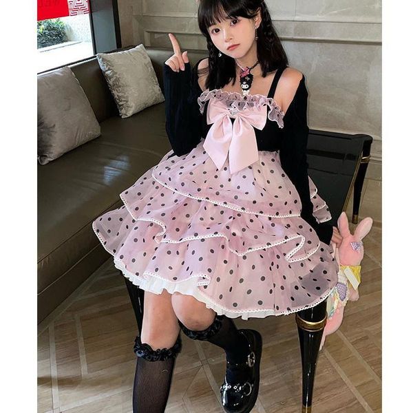 

casual dresses kawaii lolita dress japanese sweet soft girl polka dot black powder jsk y2k princess tea party cute sleeveless vestidos, Black;gray
