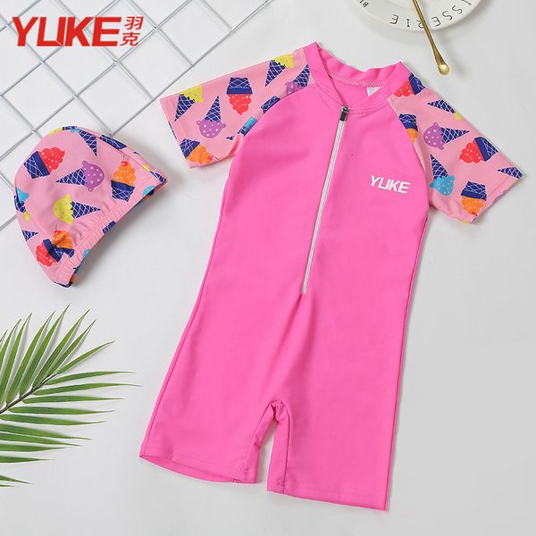 

children' swimsuit girl' one piece short sleeve sunscreen swimsuit girl' middle and big children' conservative flat, Red;black