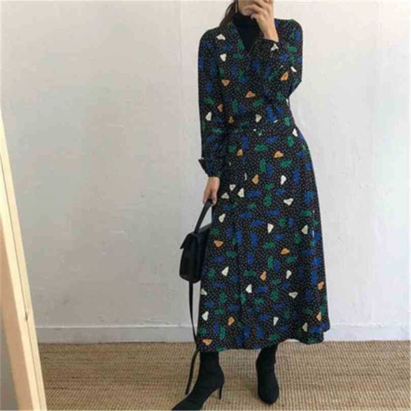

printed v-neck lace up stylish waist-controlled office lady women vintage feminine dresses vestidos 210525, Black;gray