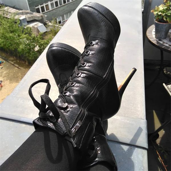 

women16cm snake platform stiletto ankle boots for women lace up side zipper black 2019