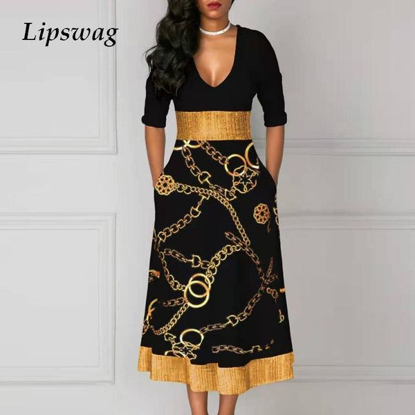 

casual dresses women autumn long sleeve pocket a-line dress 2021 spring chains print patchwork party retro elegant office lady, Black;gray