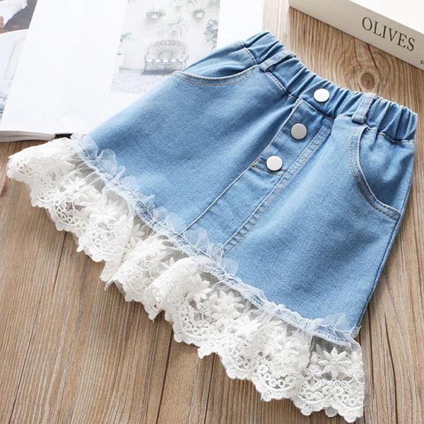 

fashion baby girls jeans skirts spring princess lace skirt children washed denim a-line s10750, Blue