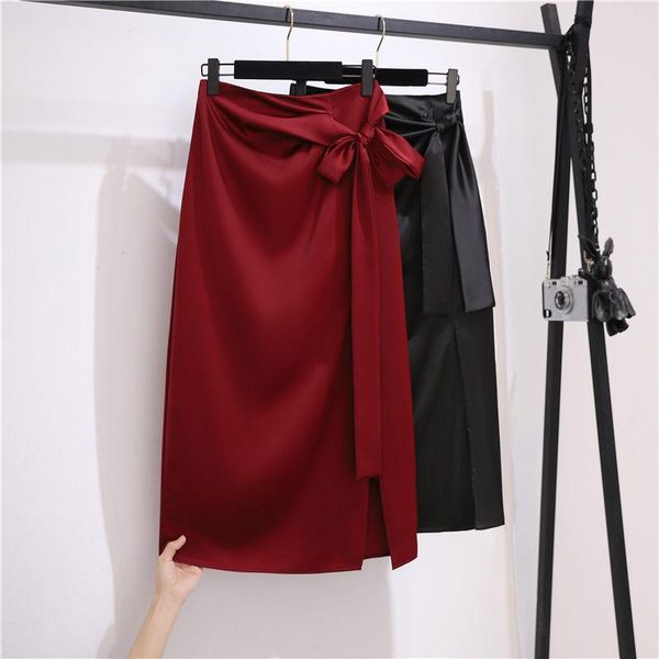 

skirts mid-length satin skirt with split female 2021 spring summer comfortable draped silky ladies slim acetate pencil zh278, Black