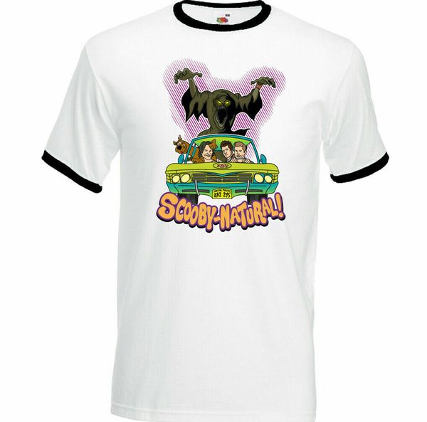 

mens supernatural t-shirt, scooby doo funny top, White;black