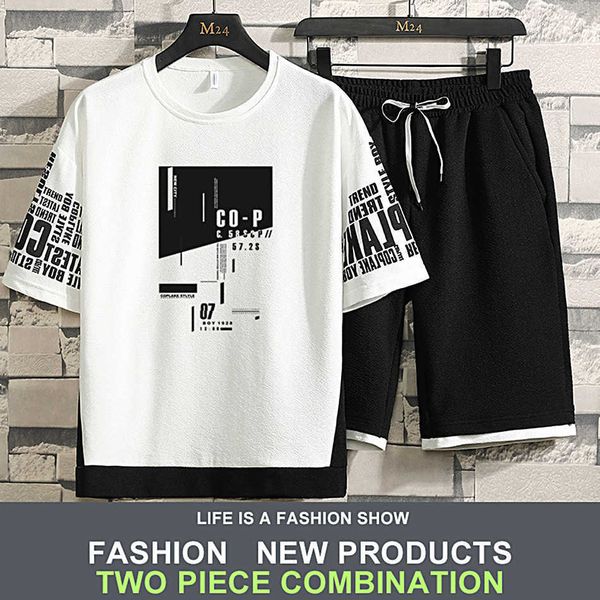 

men's casual t-shirt set korean youth short sleeve shorts summer sportswear loose wear ventilation comfortable deals 210629, White;black