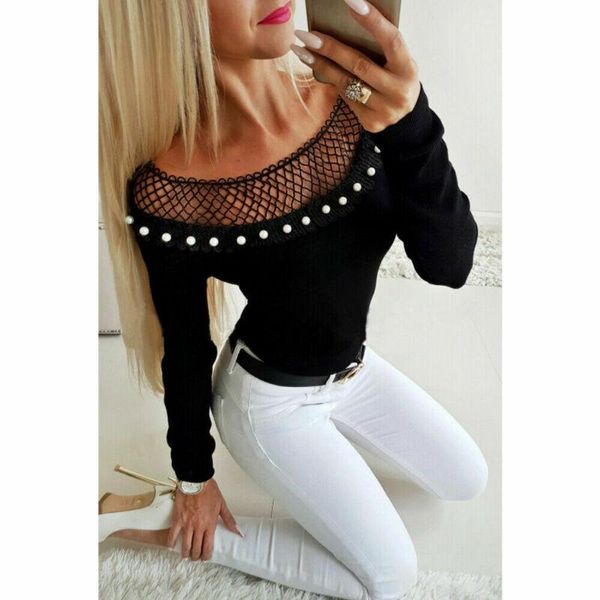 

women's t-shirt fashion women long sleeve beads mesh ladies casual party slim top, White