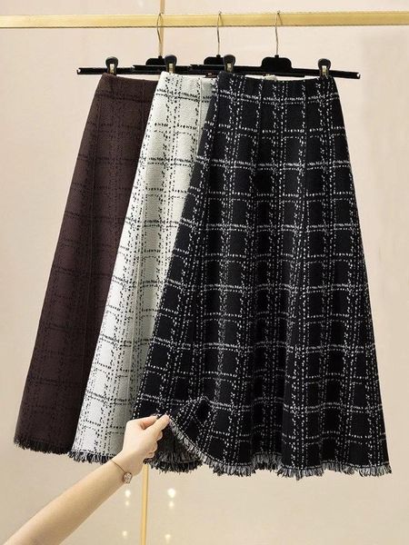 

skirts knitted skirt women's plaid with large hem long tassel check black ladies elegant casual streetwear