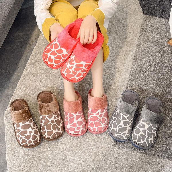 

slippers women winter indoor short plush print home warm flat shoes woman slip on faux fur cotton slipper footwear, Black
