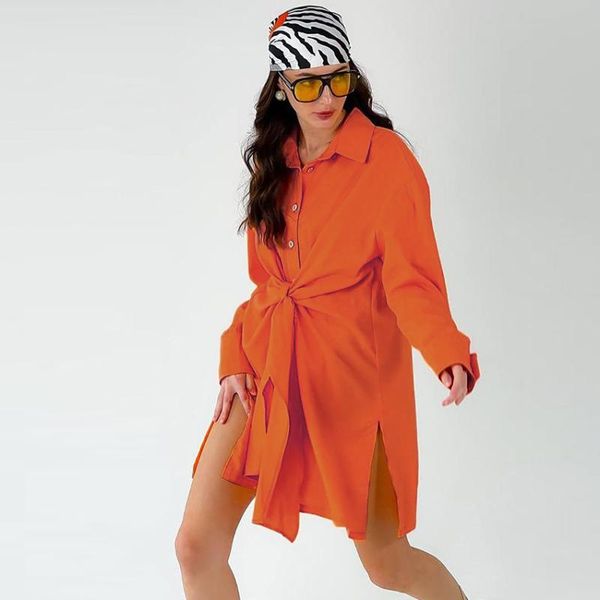 

casual dresses shirt dress female 2021 autumn lace design cotton linen simple workplace long-sleeved slit orange white, Black;gray