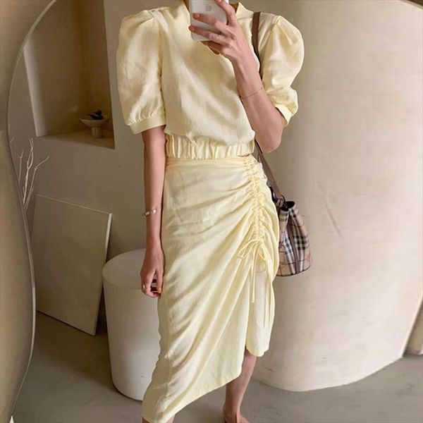 

[ewq] spring summer yellow women skirt high waist drawstring irregular buttocks pathwork panelled loose pleated 2f0324, Black