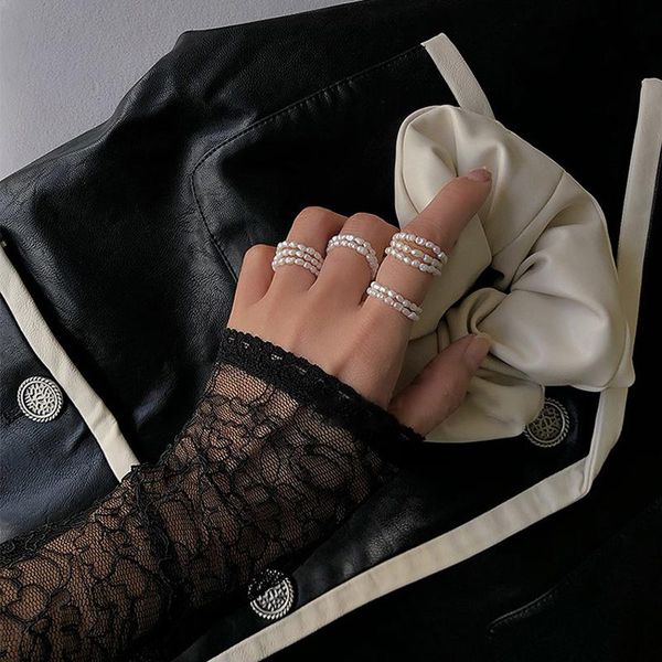 

cluster rings woogge vintage baroque natural freshwater pearls ring for women elegant hand knitting irregular mini pearl beaded, Golden;silver