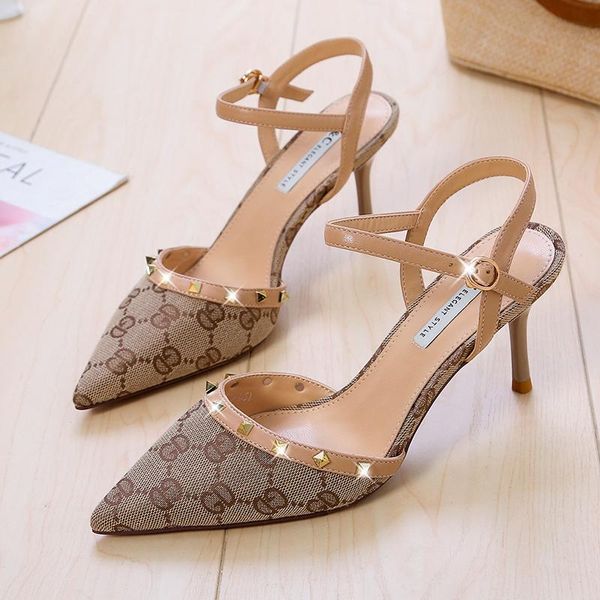 

sandals high heel 2021 summer baotou fine-heeled rivet single shoes pointed spring women's with wild, Black