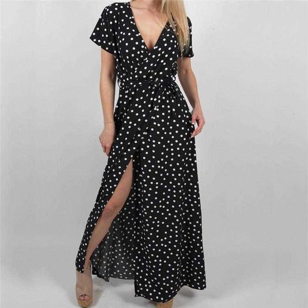 

summer women boho dress v neck short sleeve beach sundress casual dot print long vintage party dresses_gdy, Black;gray