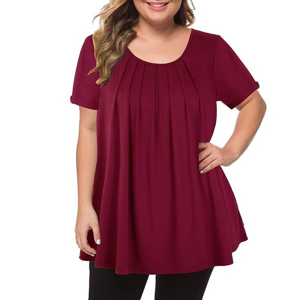 

women's t-shirt oversized t shirt women solid plus size pleats o-neck short sleeve ruched irregular summer elegant casual tunic, White