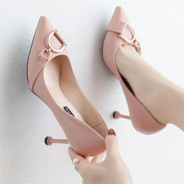 

soft leather women's high heels single shoes spring and autumn fashion buckle wild stiletto with 5cm comfortable dress, Black