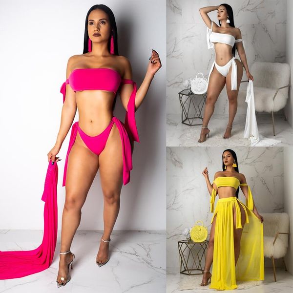 

3pcs womens boho long dress bandage solid bikini set with cover-ups wrapped chest strap split swimsuit beach wear swimwear one-piece su