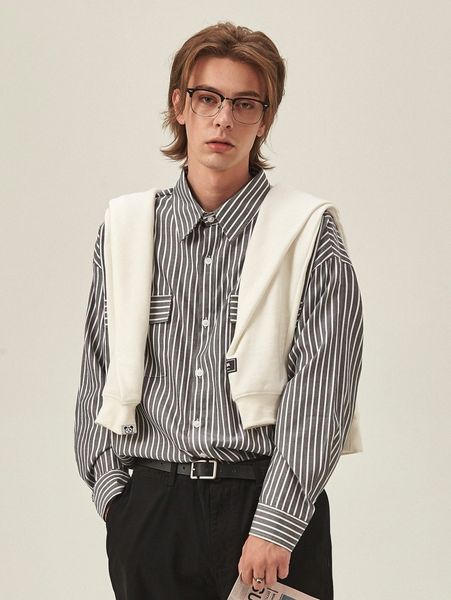 

extended sizes men striped flap pocket shirt p8f0#, White;black