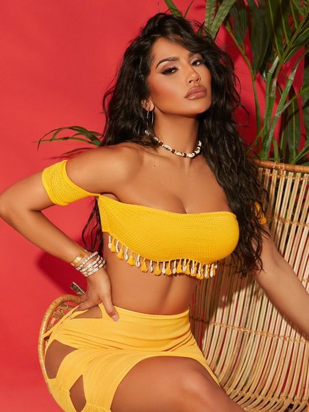 

sxy off shoulder beaded tassel trim crop k6zj#, White