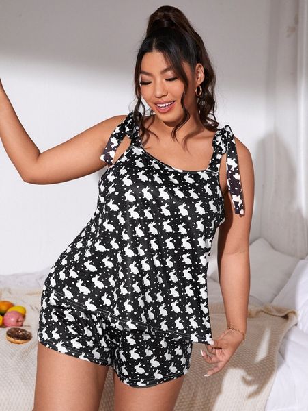 

plus allover rabbit print knot shoulder pajama set k6pl#, Black;white