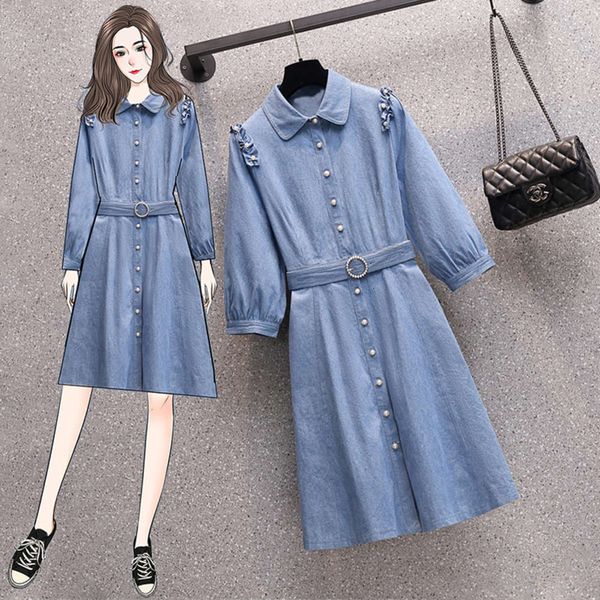 

casual dresses dress large size women's fat sister denim spring cover belly age reducing foreign style thin shirt a-line skirt mz95, Black;gray