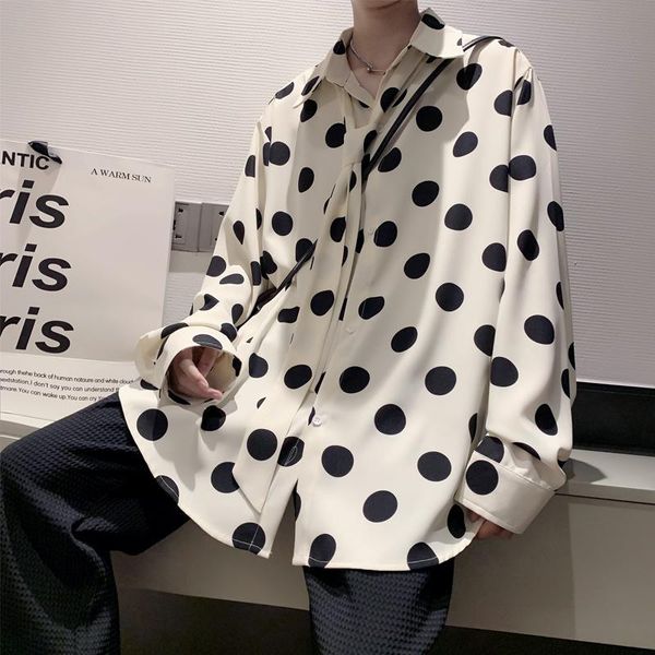 

men's casual shirts autumn tie dress shirt fashion polka dot printing mens korean loose oversized long-sleeved men -xl, White;black