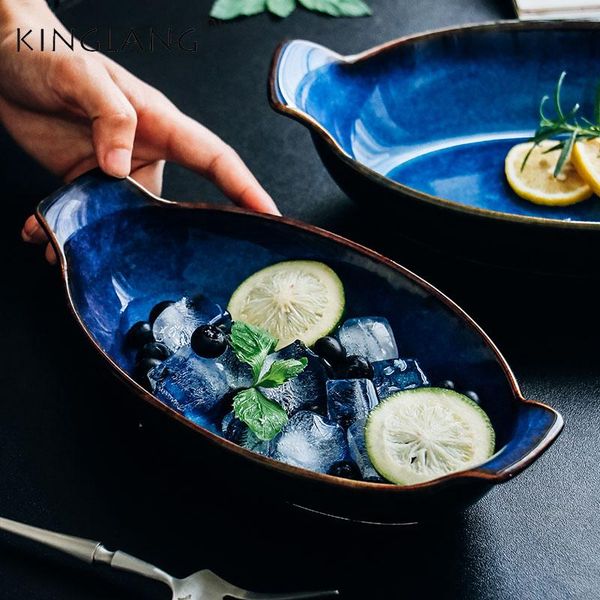 

dishes & plates 1 pcs kinglang klin blue boat shaped plate ceramic long fish bowl baking cheese dish