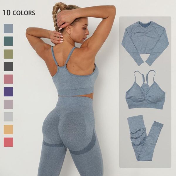 

yoga outfit seamless set women workout sportswear gym clothing fitness long sleeve crop high waist leggings+sport bra sports suits