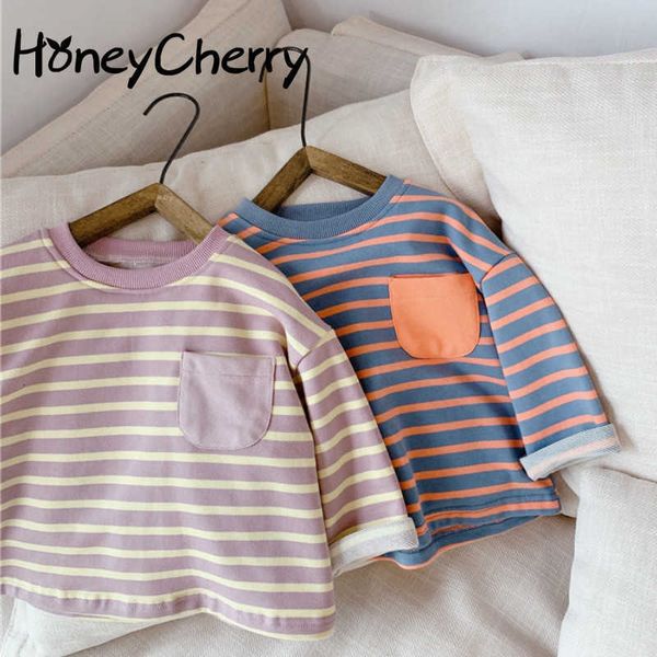 

children's autumn long-sleeved sweater t-shirt girls' korean-style striped t-shirt 210701, Blue