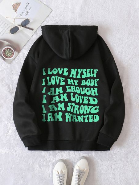 

slogan graphic kangaroo pocket drawstring thermal hoodie v43u#, White;black