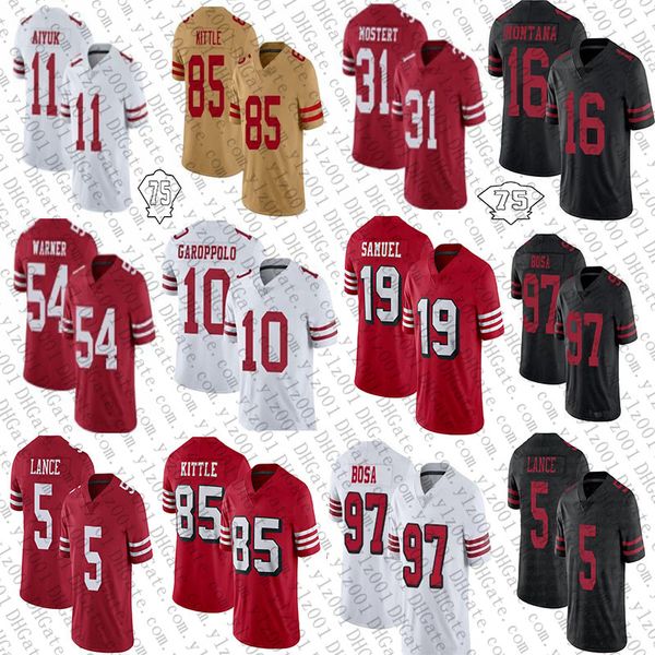 

54 fred warner 5 trey lance 85 george kittle custom football jerseys 19 deebo samuel 97 nick bosa 10 jimmy garoppolo 31 raheem mostert 11 br, Black;red