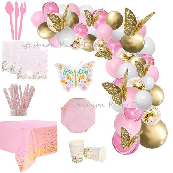 

party decoration pink gold butterfly tableware decorations balloon garland kit plates cups napkins for wedding baby shower girls birthday