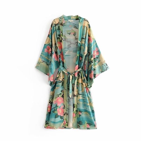 

fitshinling bohemian vintage beach kimono swimwear sashes print floral cover-up big sleeve green cotton spring autumn cardigan 210722, White;black