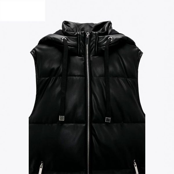 

women's vests pu leather jacket women fashion autumn winter hooded pockets street coats elegant black parka outwear femal ladies, Black;white