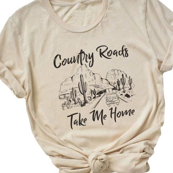 

women's t-shirt country roads retro aesthetic t shirt summer boho style plus size music tshirt women nostalgia graphic tees vintage clo, White