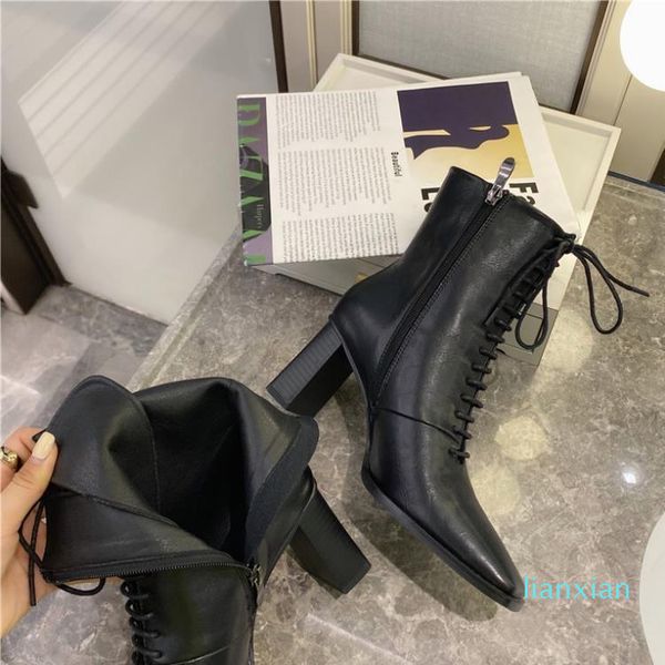 

boots autumn and winter 2021 lace up square head thick heel middle short, Black