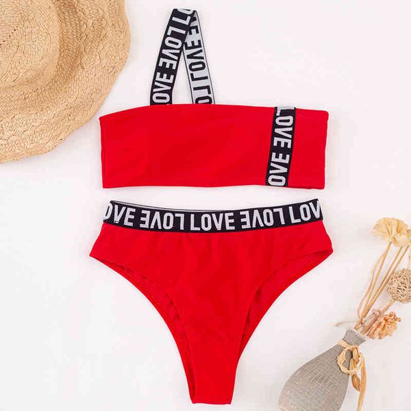 

letter printed female swimsuit high waist women swimwear two-pieces bikini set one shoulder bather bathing suit swim ladyin